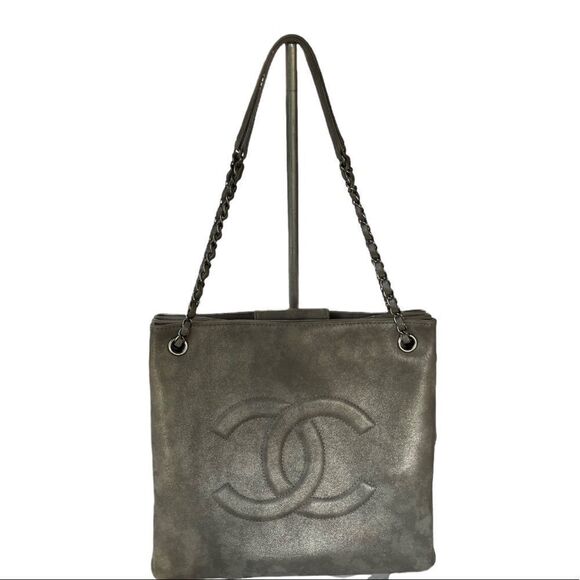 Chanel Large Iridescent Accordion Shopper Tote Handbag Calfskin Logo Silver - Picture 2 of 13